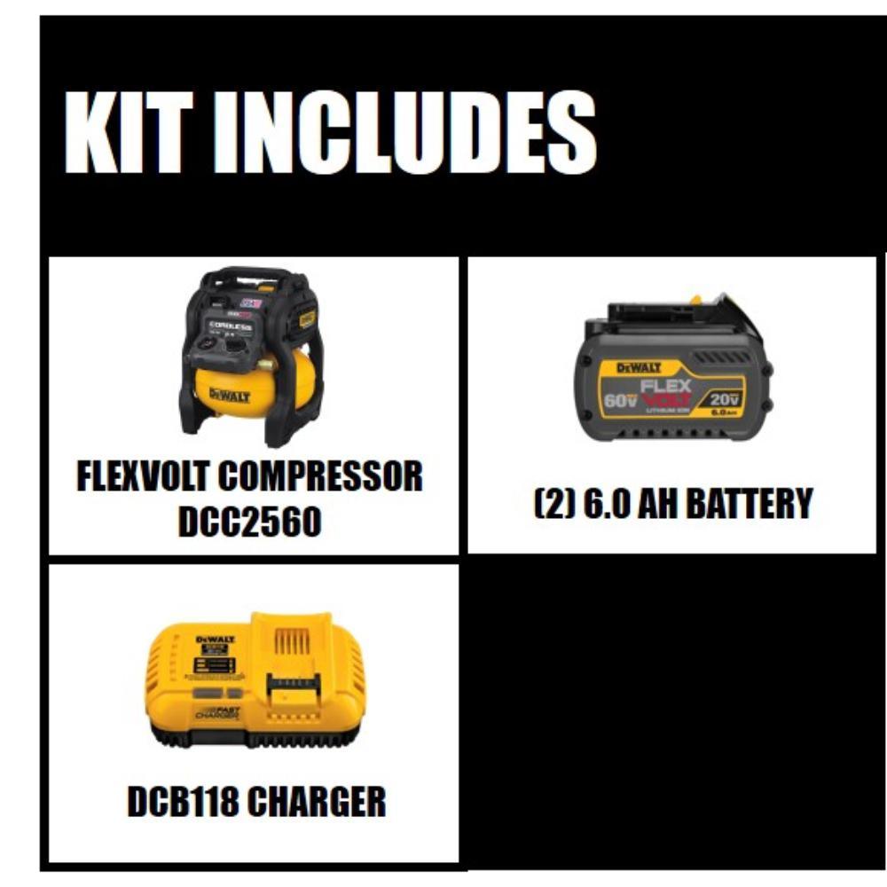 FLEXVOLT 2.5 Gal. 60-Volt MAX Brushless Cordless Electric Air Compressor Kit w/ Battery 2Ah, Charger and Bonus Battery - Super Arbor