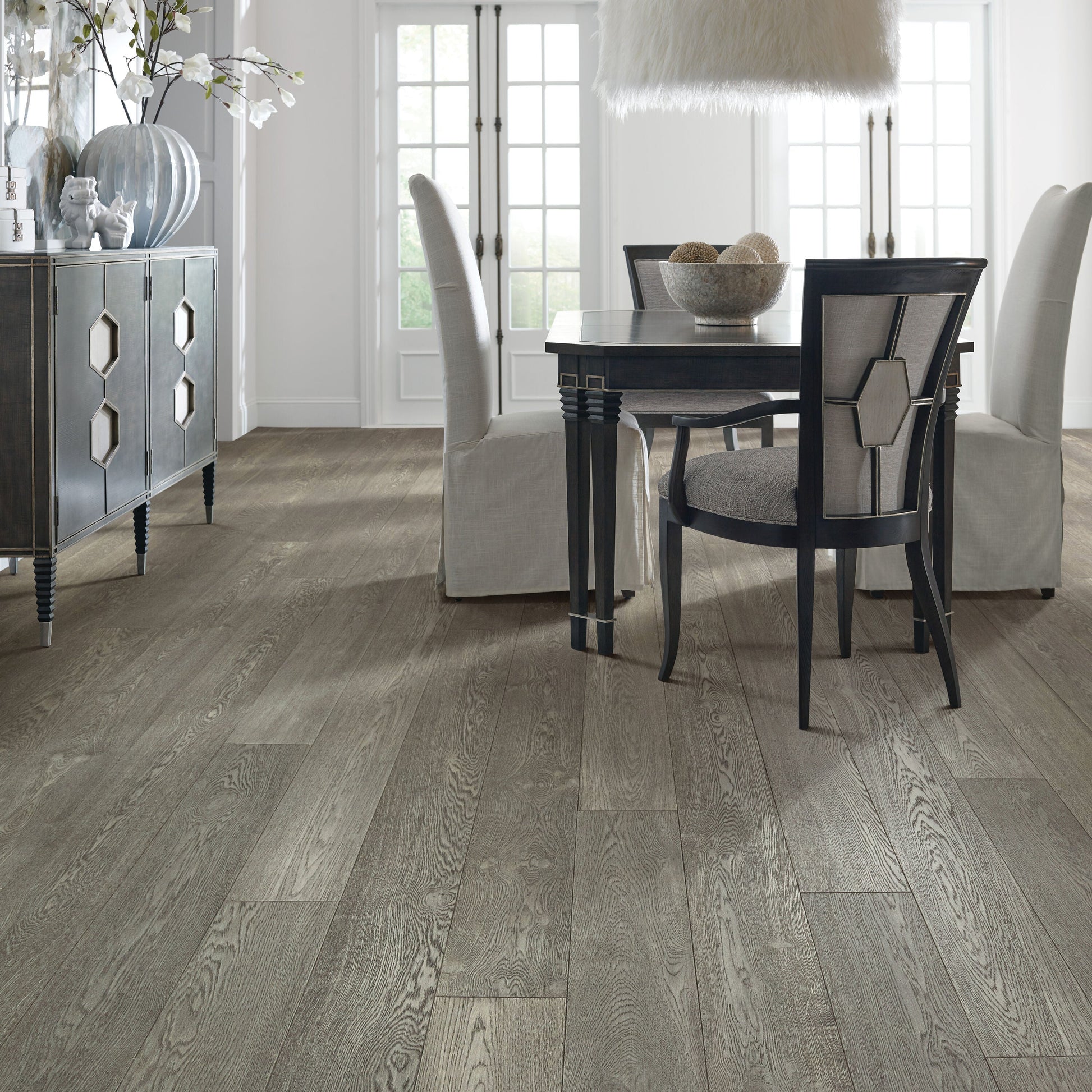 Shaw White oak Maltese Cross hardwood flooring — installed room view