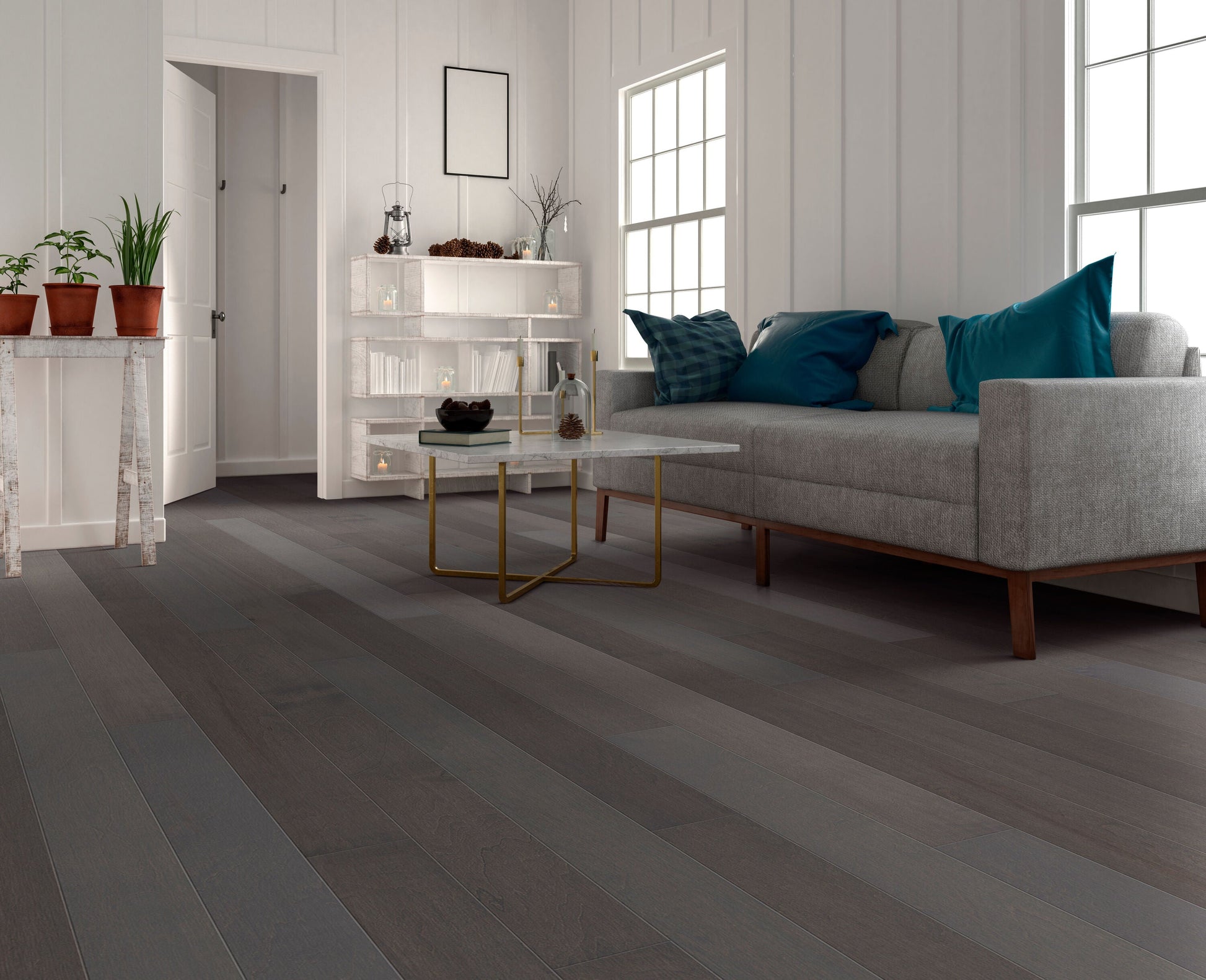Shaw Maple Affogato hardwood flooring — installed room view