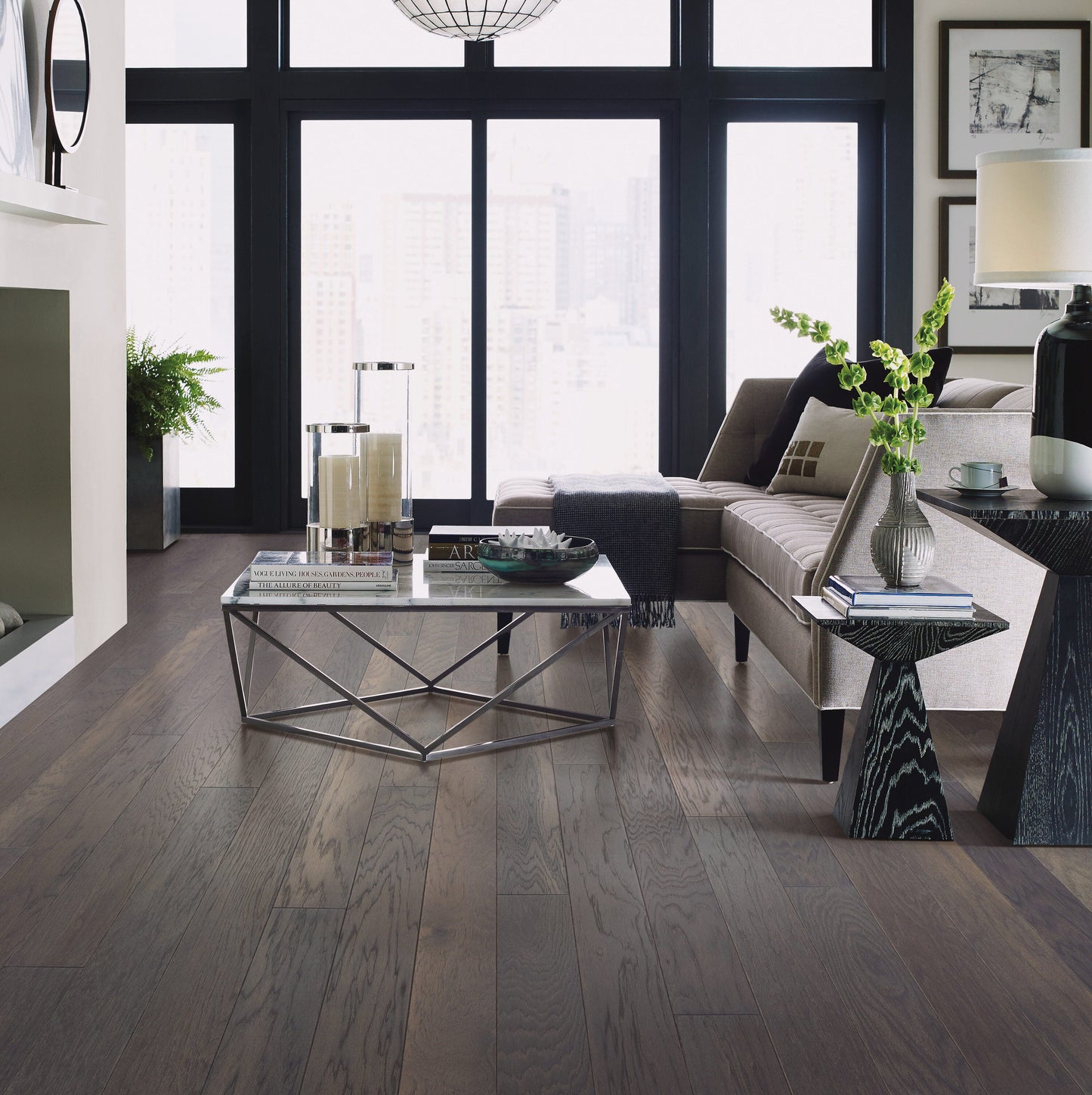 Shaw Hickory Boulder hardwood flooring — installed room view