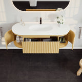Eviva Haven 55"W x 22"D Natural Oak Wall Mount Bathroom Vanity with White Solid Surface Countertop and Integrated Sink