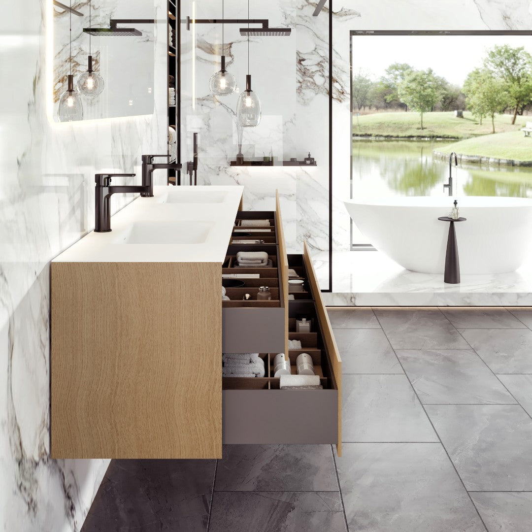 Eviva Lotus 71"W x 19"D Natural Oak Wall Mount Double Sink Bathroom Vanity with White Solid Surface Countertop and Integrated Sinks