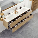 Eviva Lotus 59"W x 19"D Natural Oak Wall Mount Double Sink Bathroom Vanity with White Solid Surface Countertop and Integrated Sinks