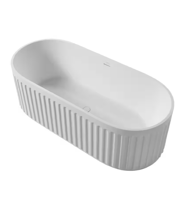 67 in. Stone Resin Flatbottom Freestanding Vintage Stripe Oval Double Slipper Soaking Bathtub in White