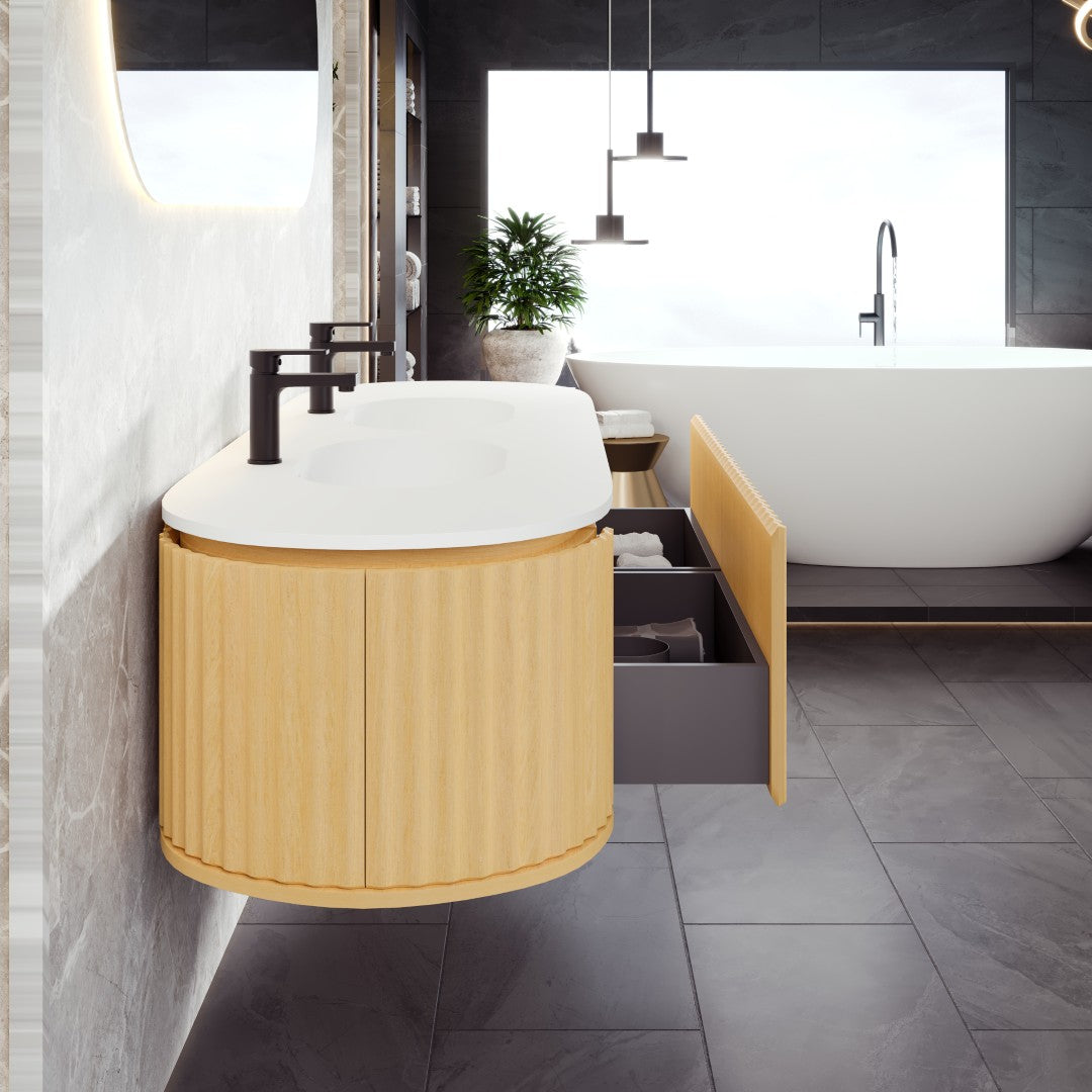 Eviva Haven 71"W x 22"D Natural Oak Double Sink Bathroom Vanity with White Solid Surface Countertop and Integrated Sinks