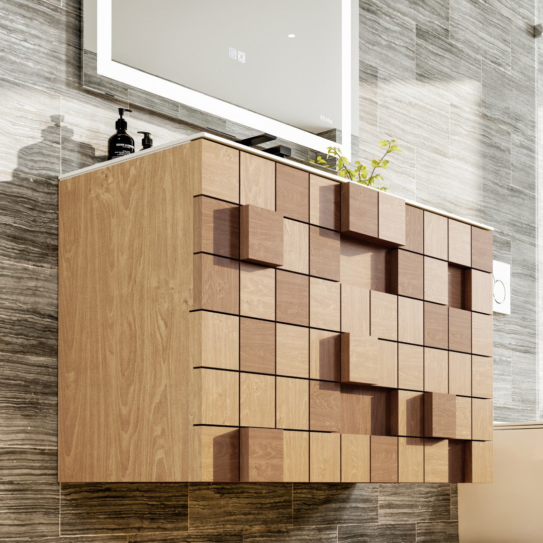 Eviva Mosaic 36"W x 20"D Natural Oak Wall Mount Bathroom Vanity with White Solid Surface Countertop and Integrated Sink