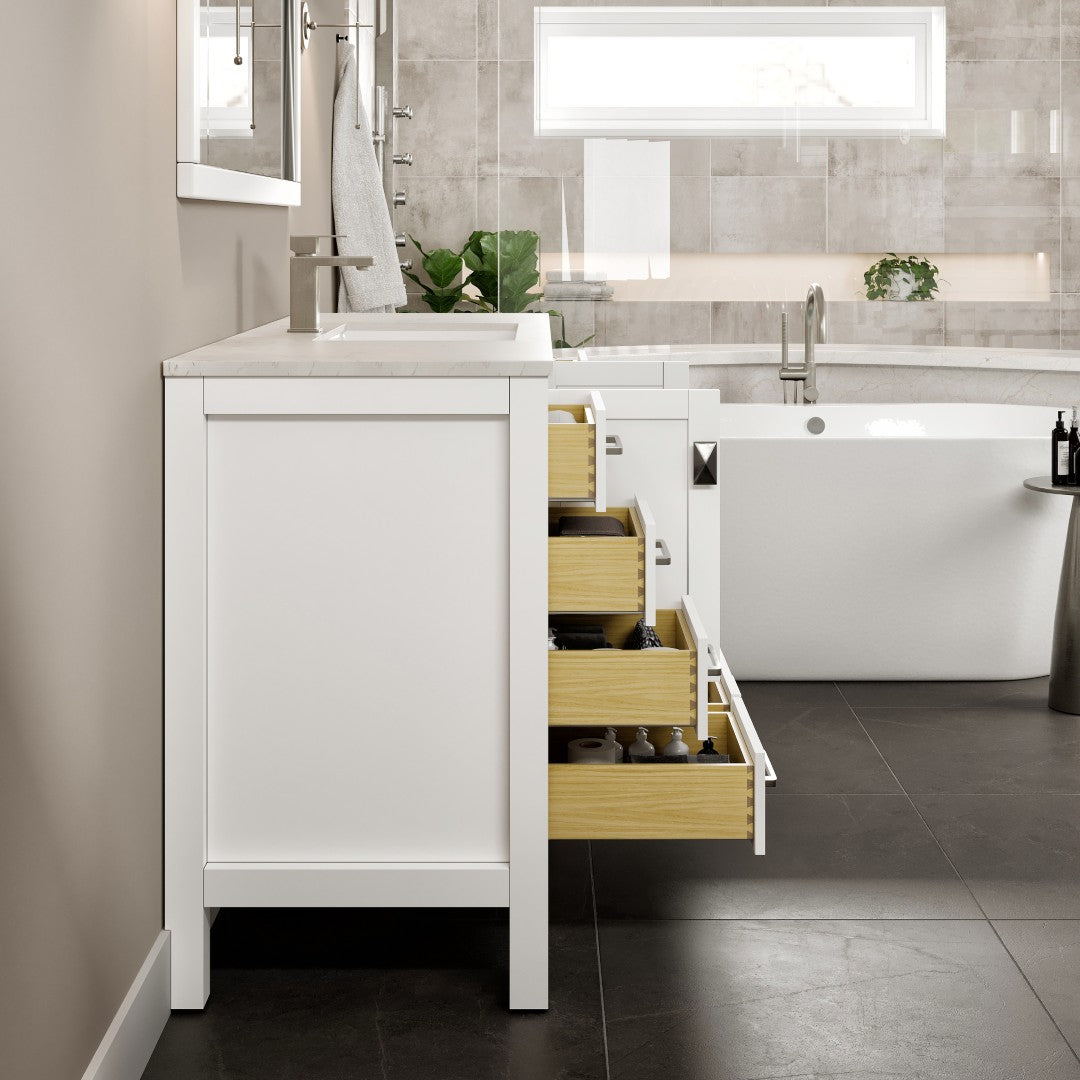 Eviva London 54 in. W x 18 in. D x 34 in. H Bathroom Vanity in White with White Carrara Marble/Quartz Top and White Sink