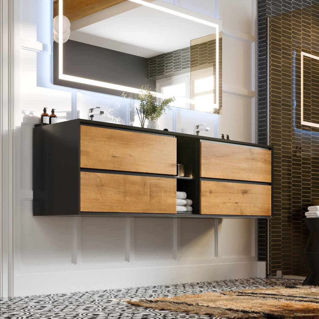 Eviva Vienna 75 in. W x 20.70 in. D x 21.60 in. H Floating Double Bathroom Vanity, Black Oak, Acrylic Top in Black