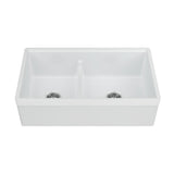 Yorkshire Farmhouse Fireclay 33 in. 55/45 Double Bowl Kitchen Sink with Cutting-Board, Grid and Strainer in White - Super Arbor