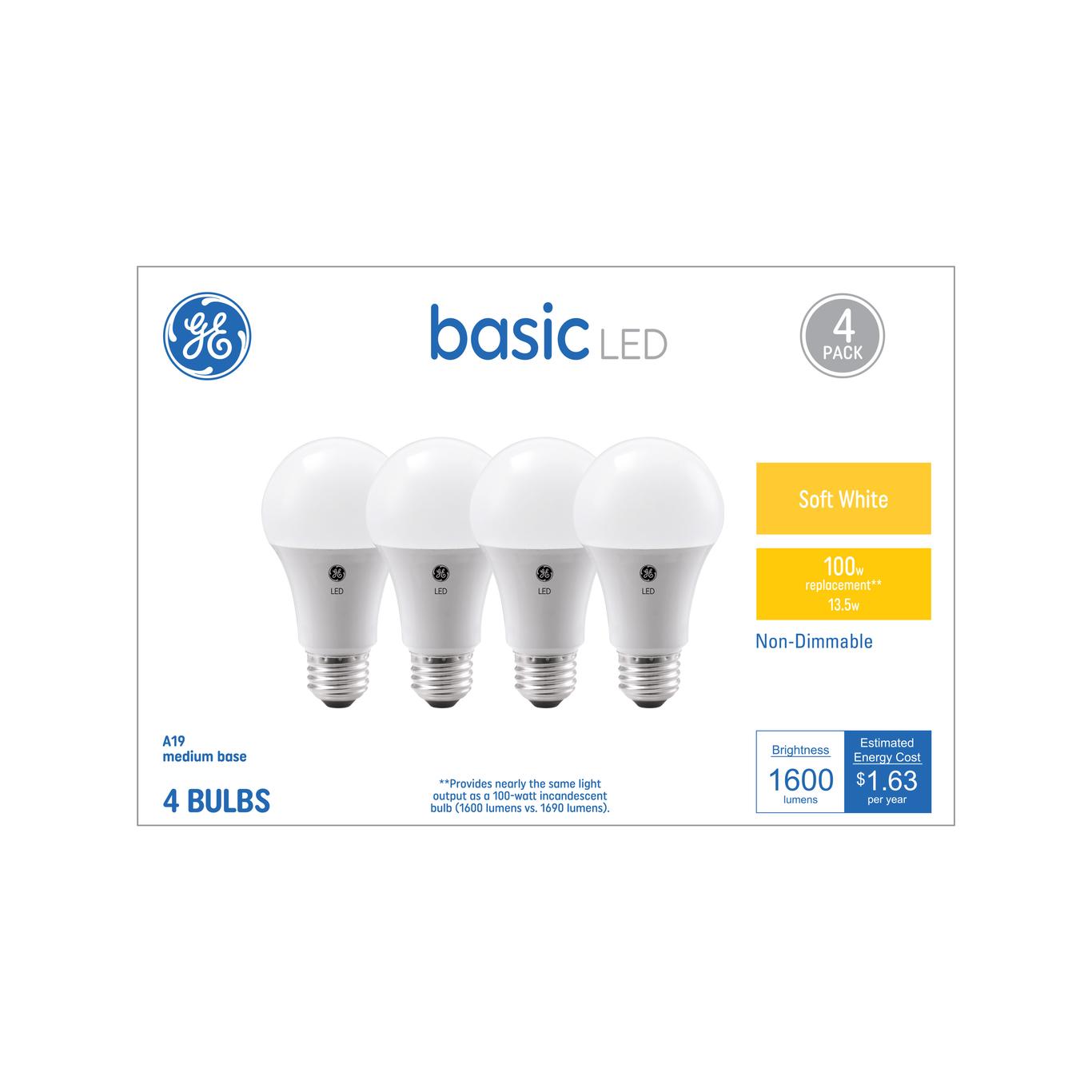 GE Basic 100-Watt EQ A19 Soft White LED Light Bulb, Non-Dimmable, 1600 Lumens (4-Pack)