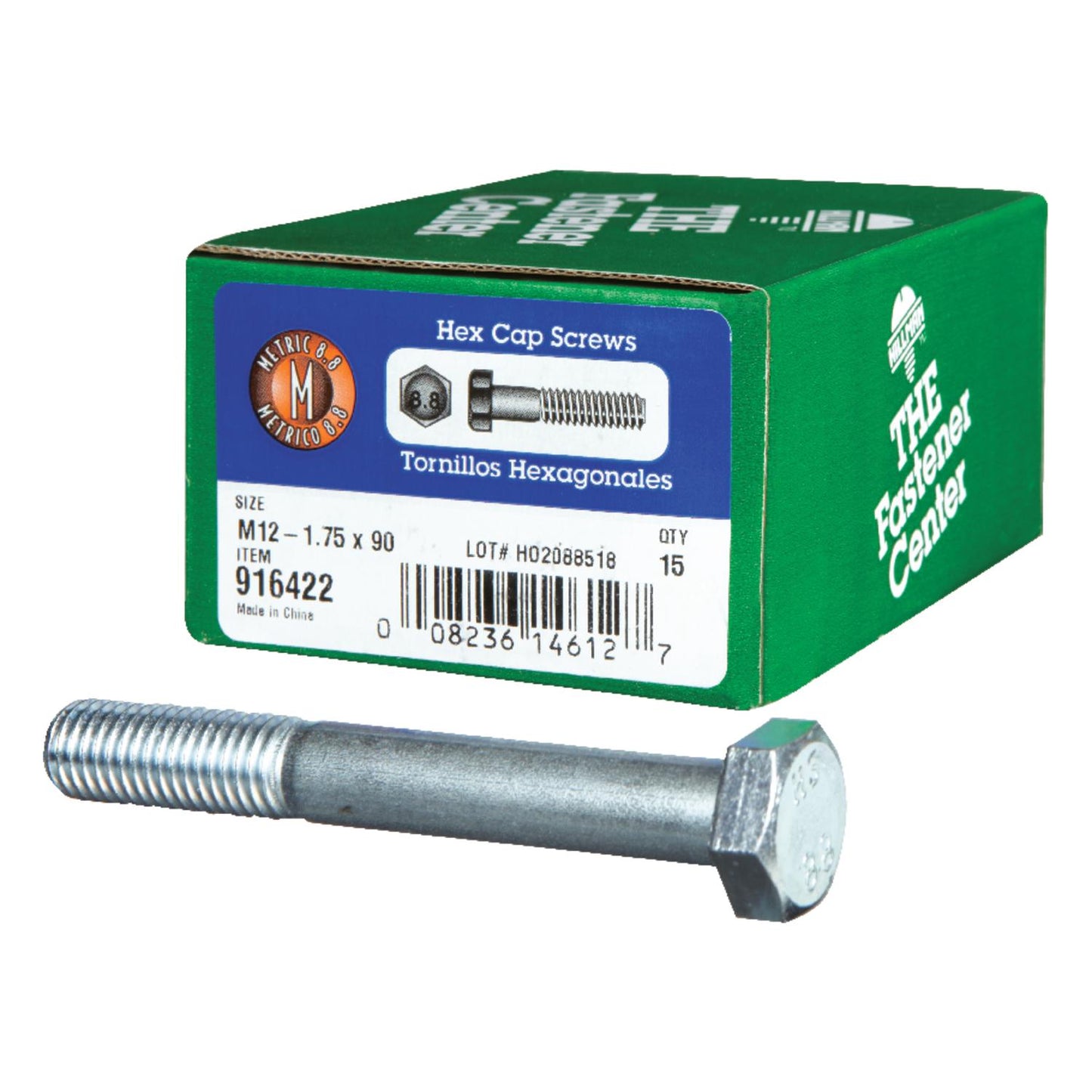 Hillman M12-1.75 mm Diameter x 90 mm Length Heat-Treated Steel Hex Head Cap Screw, 15 Pack