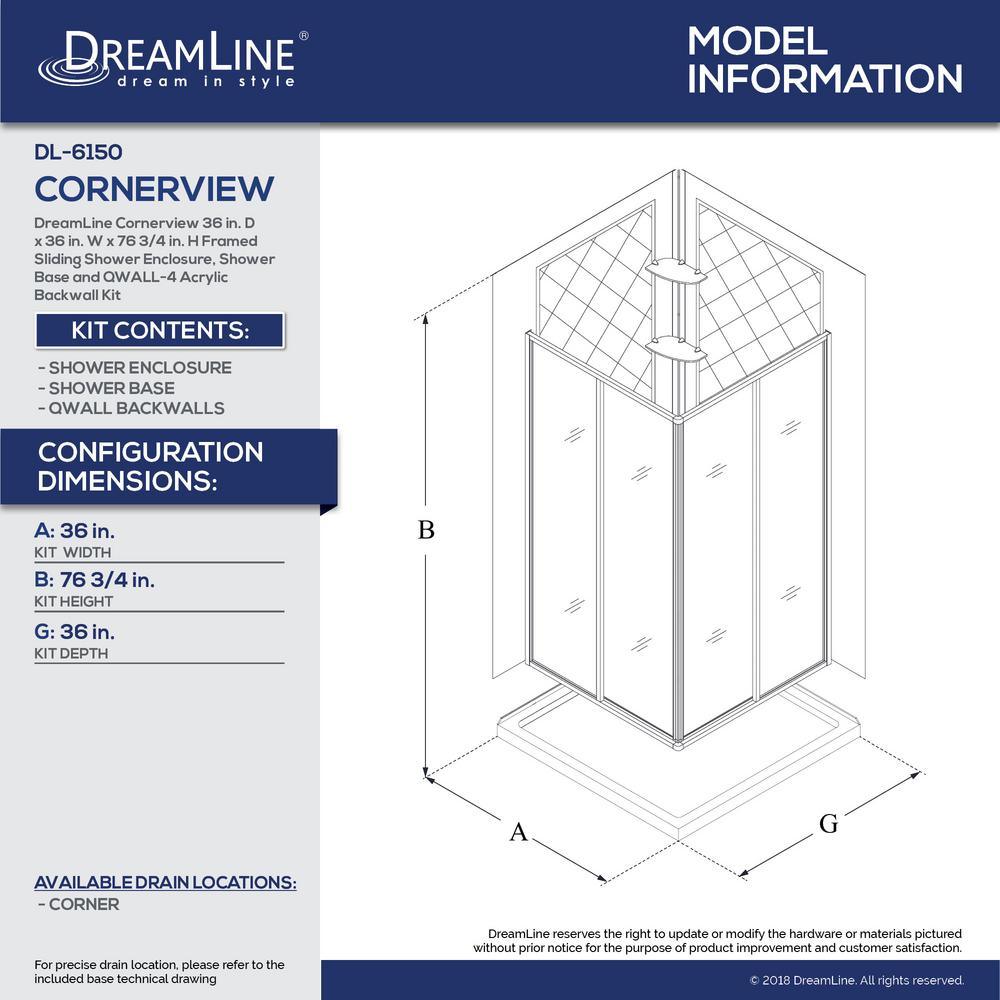 Cornerview 36x36x76.75 in. Framed Corner Sliding Shower Enclosure in Chrome with Acrylic Base and Back Walls Kit - Super Arbor