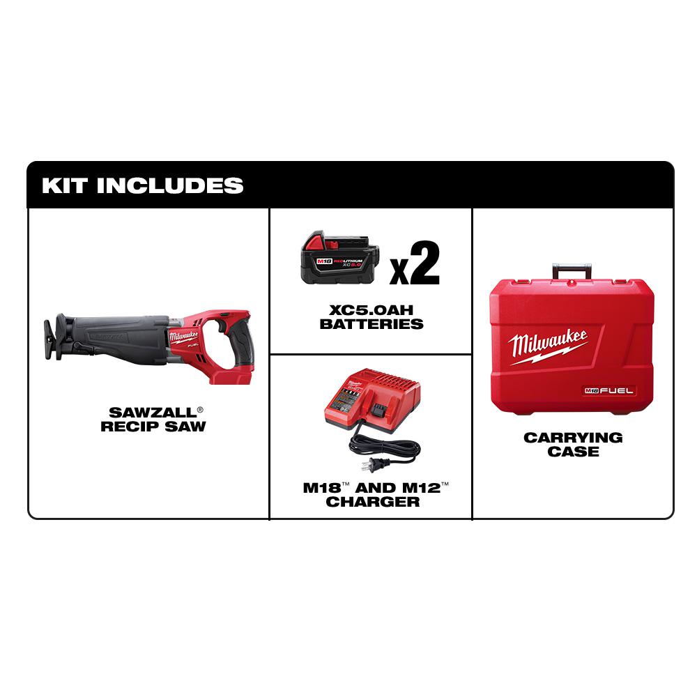 M18 FUEL 18-Volt Lithium-Ion Brushless Cordless SAWZALL Reciprocating Saw Kit W/(2) 5.0Ah Batteries, Charger & Hard Case - Super Arbor