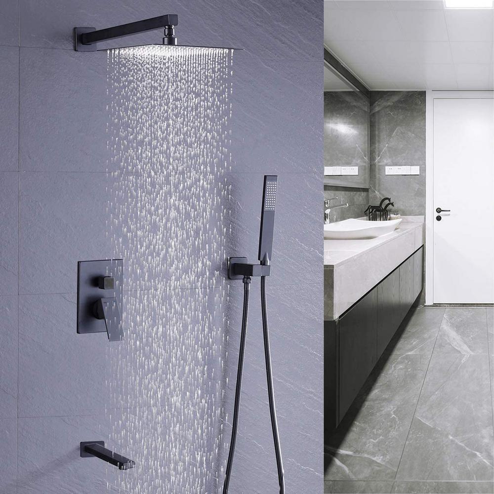Shower System Wall Mounted with 12 in. Square Rainfall Shower head and Handheld Shower Head Set, Matte Black - Super Arbor