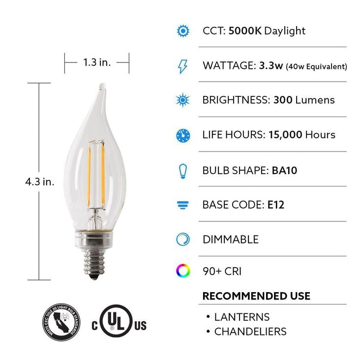 Feit Electric 40-Watt Equivalent CA10 Candelabra Dimmable Filament CEC Clear Glass Chandelier LED Light Bulb, Daylight (4-Pack)