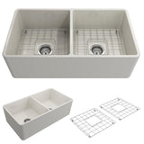 Classico Farmhouse Apron Front Fireclay 33 in. Double Bowl Kitchen Sink with  Bottom Grid and Strainer in White - Super Arbor