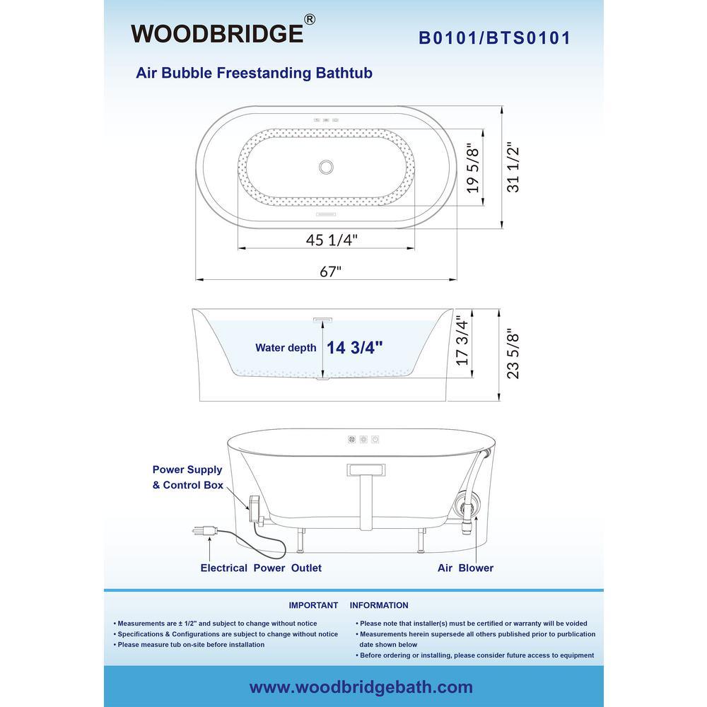 Diana 67 in. Acrylic Freestanding Double Ended Air Bath Bathtub with Drain and Overflow Included in White