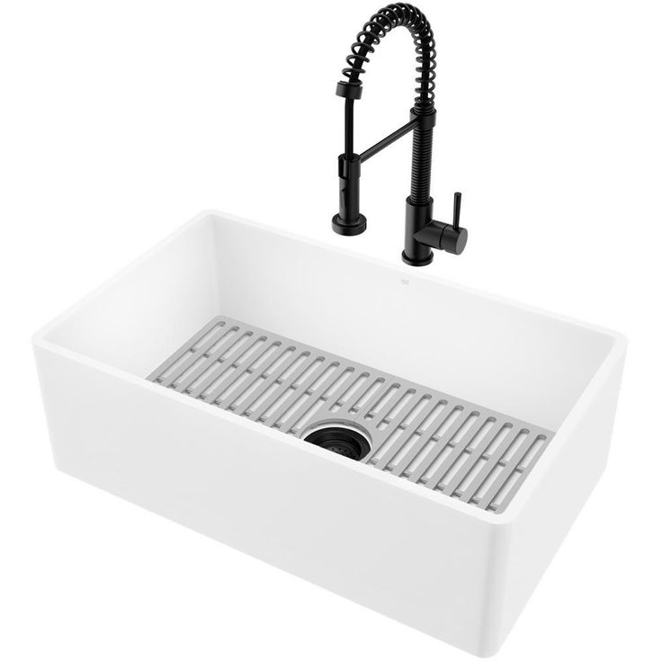 Matte Stone White Composite 33 in. Single Bowl Flat Farmhouse Kitchen Sink with Strainer, Grid and Faucet in Black