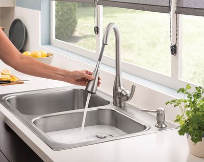 Moen Kelsa 33-in x 22-in Stainless Steel Double Equal Bowl Drop-In or Undermount 2-Hole Residential Kitchen Sink All-in-One Kit