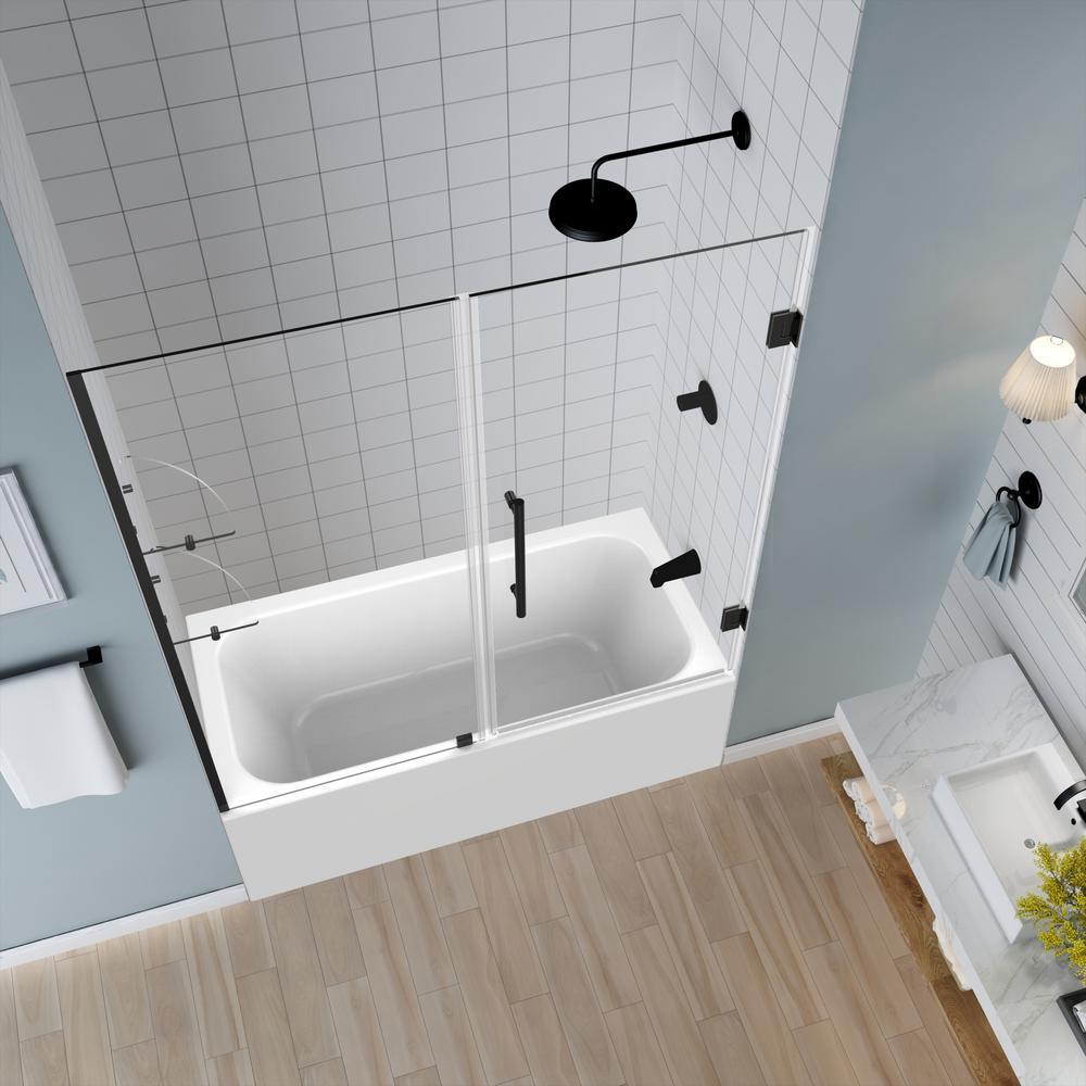 Belmore GS 59.25 in. to 60.25 in. x 60 in. Frameless Hinged Tub Door with Glass Shelves in Matte Black - Super Arbor