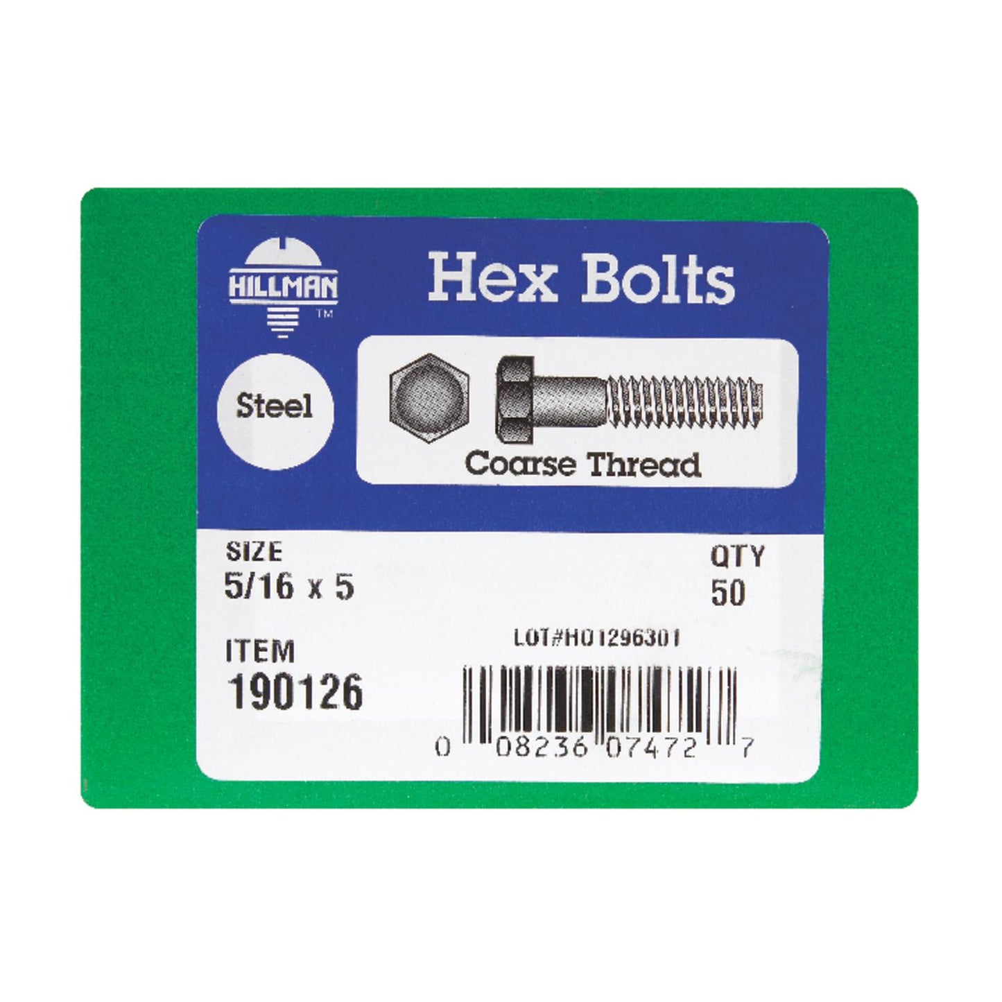 Hillman 5/16 in. Diameter x 5 in. Length Zinc-Plated Steel Hex Bolt, Coarse Thread, 50-Pack