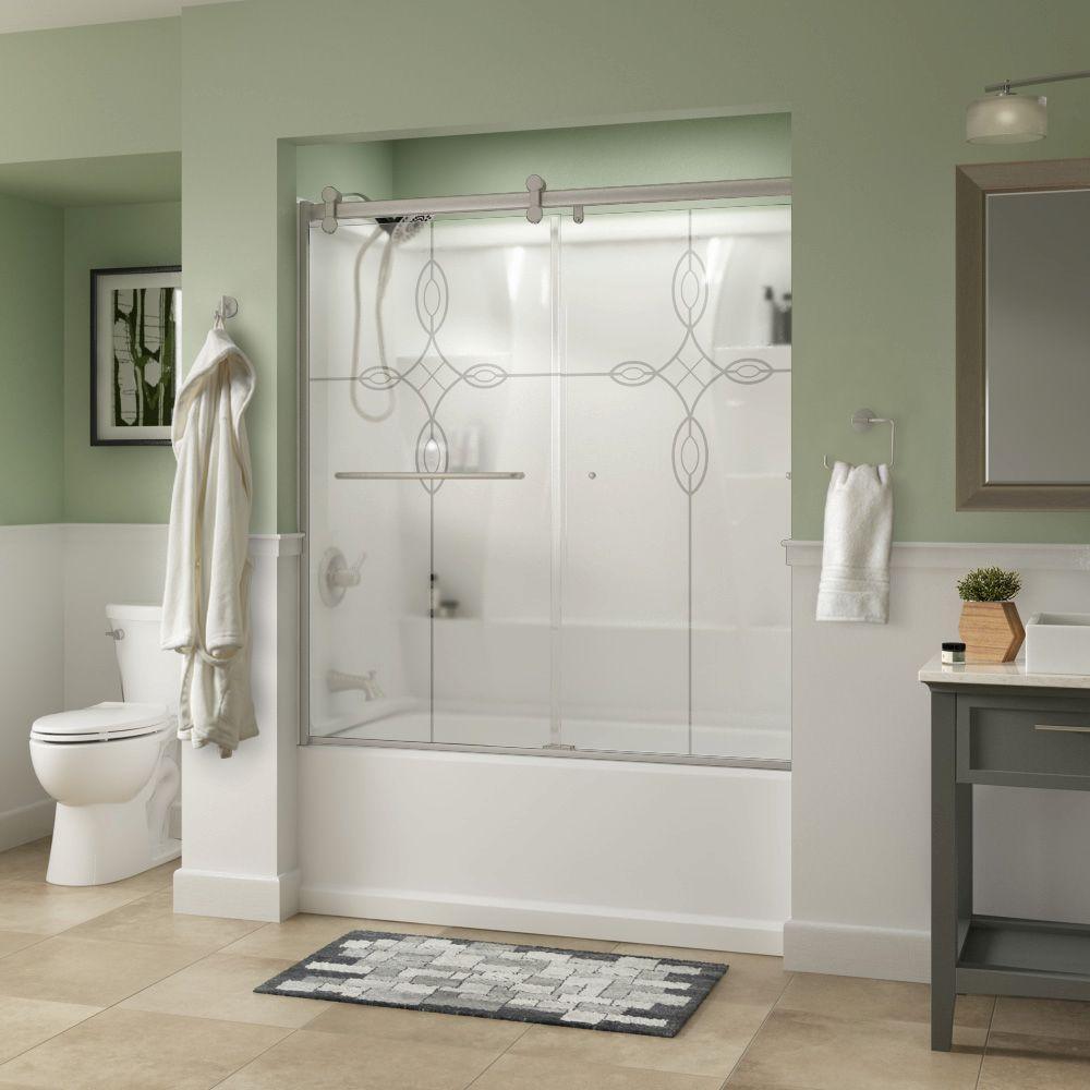 Simplicity 60 x 58-3/4 in. Frameless Contemporary Sliding Bathtub Door in Nickel with Transition Glass - Super Arbor