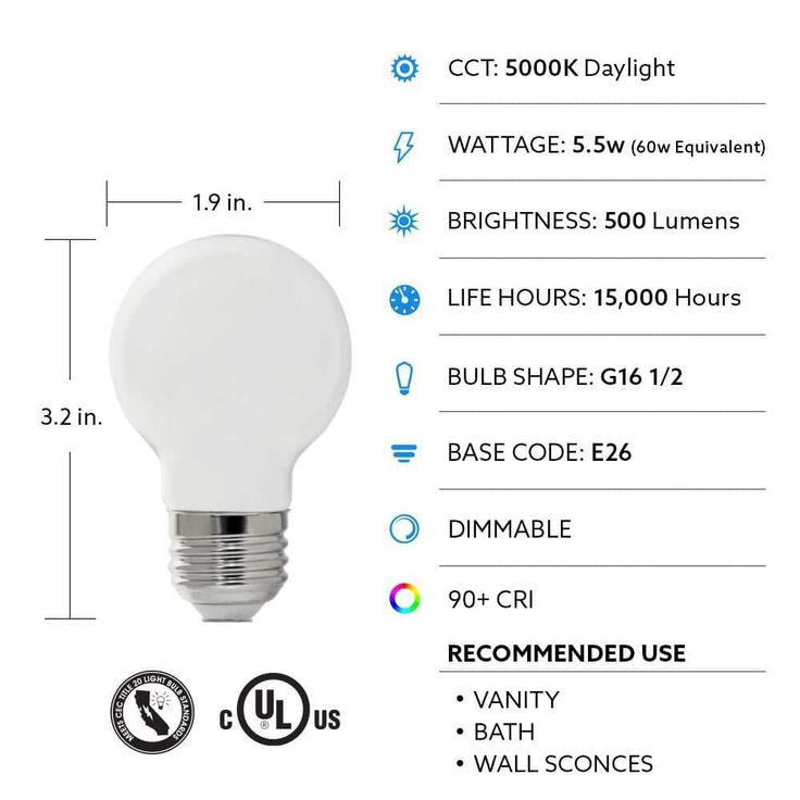 Feit Electric 60-Watt Equivalent G16.5 Medium Dimmable Filament ENERGY STAR White Glass LED Light Bulb, Daylight (2-Pack)