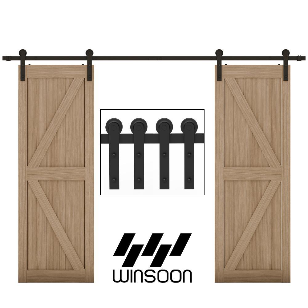 11 ft./132 in. Frosted Black Strap Sliding Barn Door Track Hardware Kit for Double Wood Doors Non-Routed Floor Guide - Super Arbor