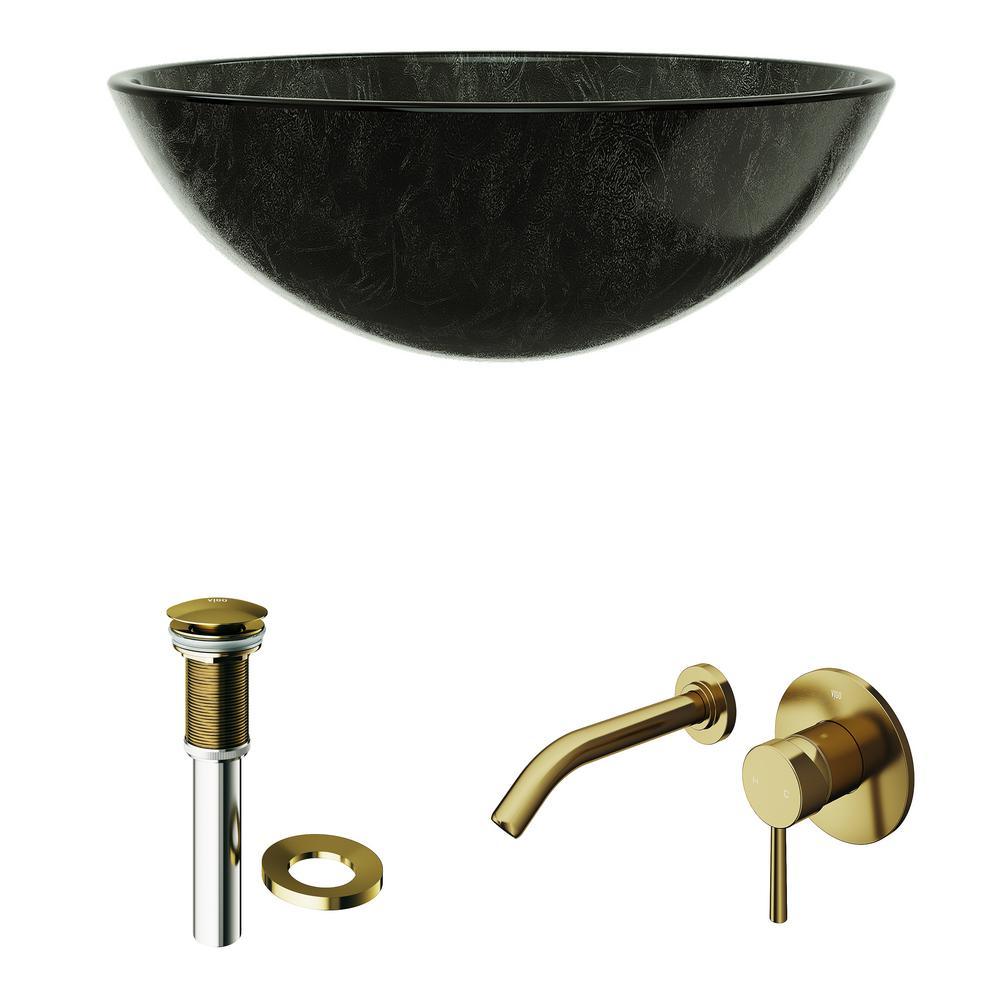 Onyx Glass Vessel Bathroom Sink in Gray with Olus Faucet in Matte Gold - Super Arbor