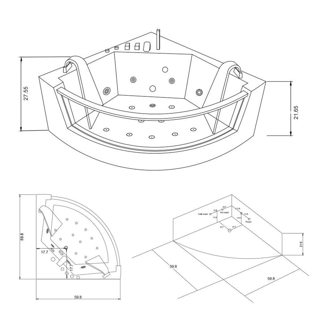 Capri 60 in. Acrylic Center Drain Corner Alcove Whirlpool Bathtub in White - Super Arbor