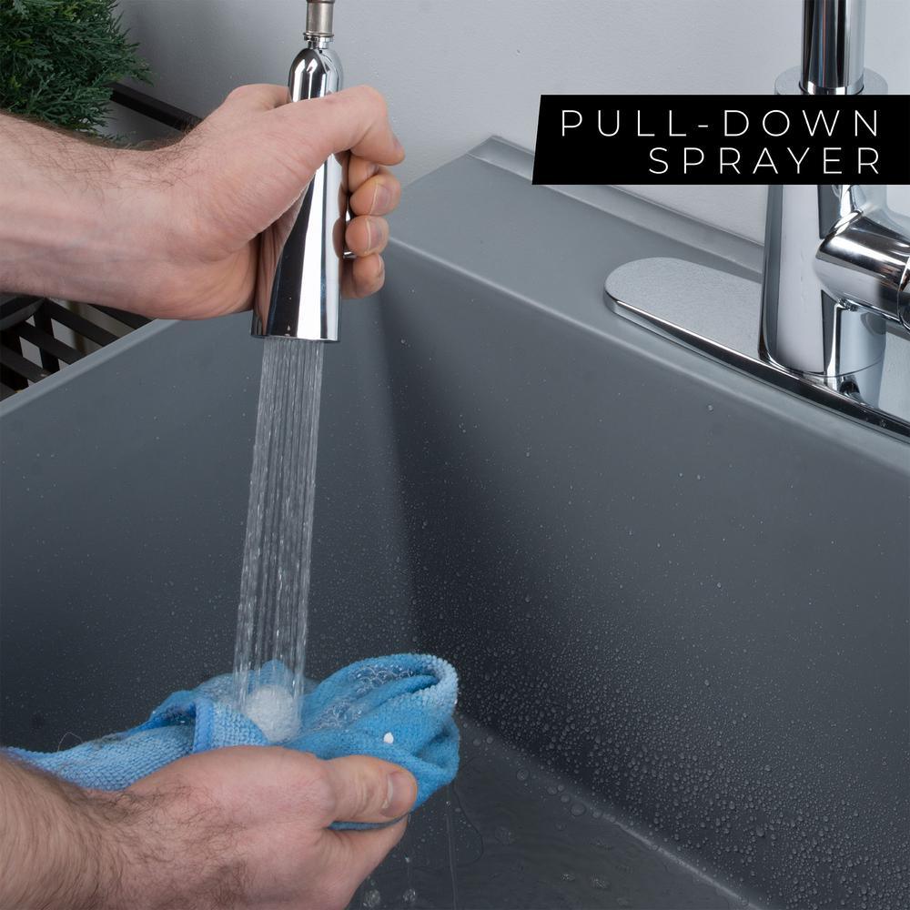 Complete 22.875 in. x 23.5 in. Grey 19 Gal. Utility Sink Set with Metal Hybrid Chrome High Arc Pull-Down Faucet - Super Arbor
