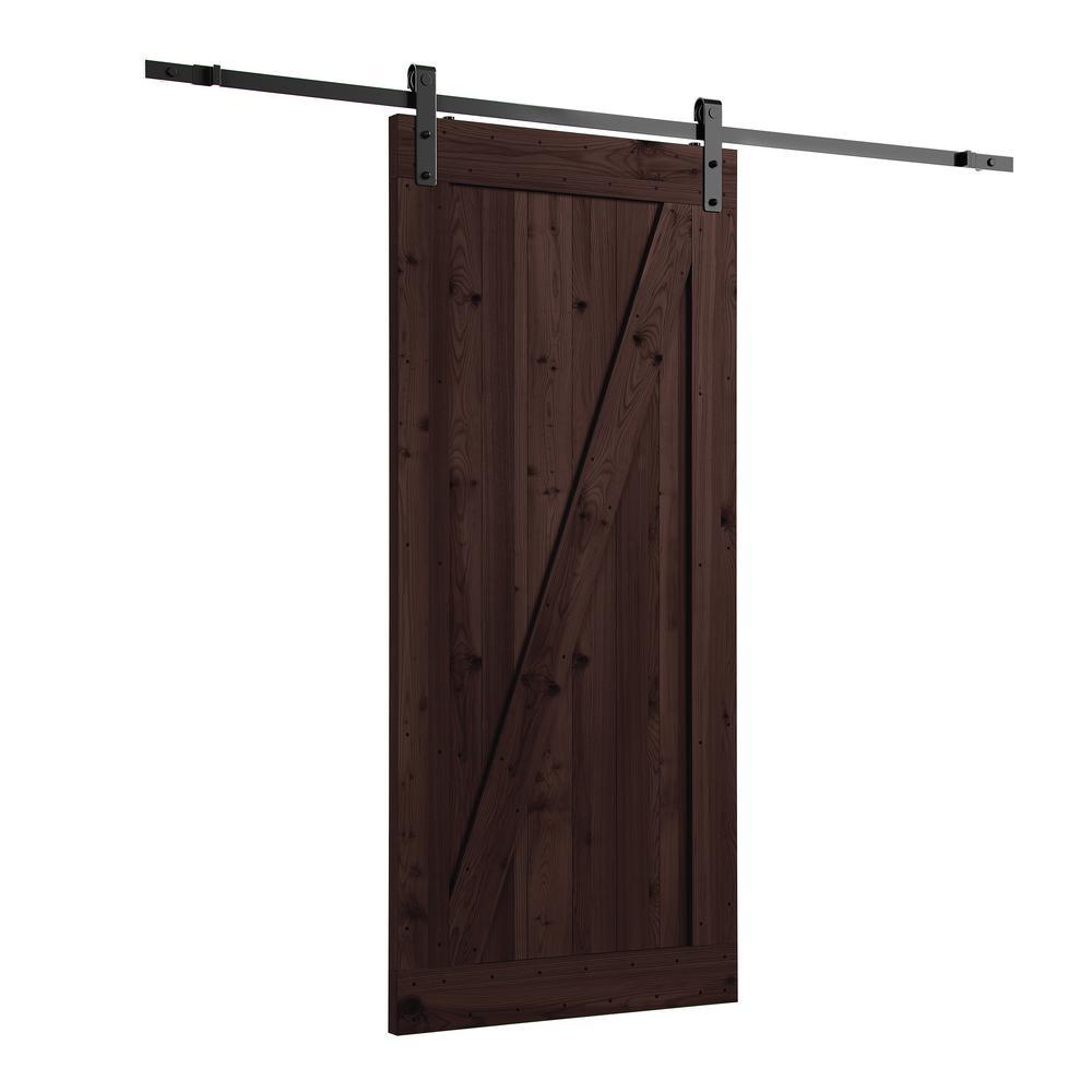 36 in. x 84 in. Canadian Hemlock Distressed Smoke Sliding Barn Door with Hardware Kit - Super Arbor