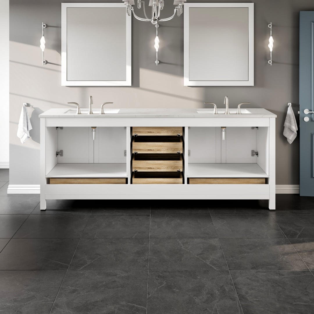 Eviva Frontier 84"W x 22"D White Double Sink Bathroom Vanity with White Carrara Marble Countertop and Undermount Porcelain Sinks