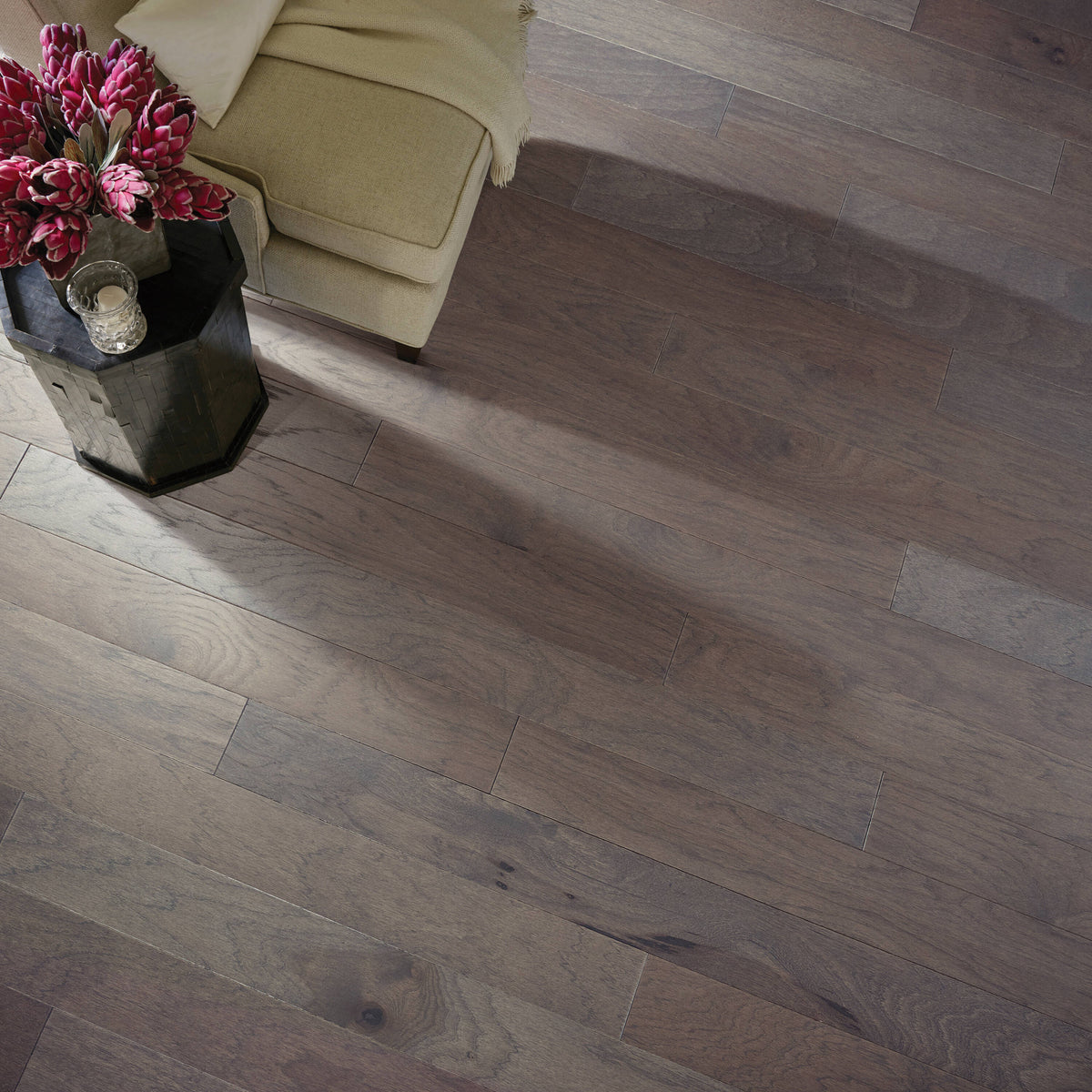 Shaw Hickory Riverstone hardwood flooring — installed room view