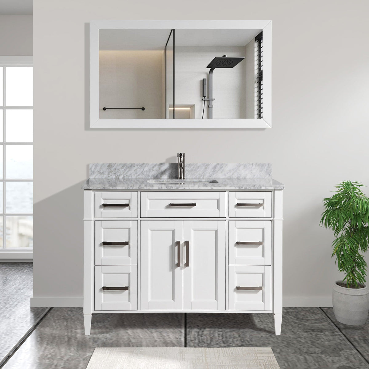 Vanity Art Savona 48 in. W x 22 in. D x 36 in. H White Bathroom Vanity with Single Basin, White/Grey Marble Top and Mirror