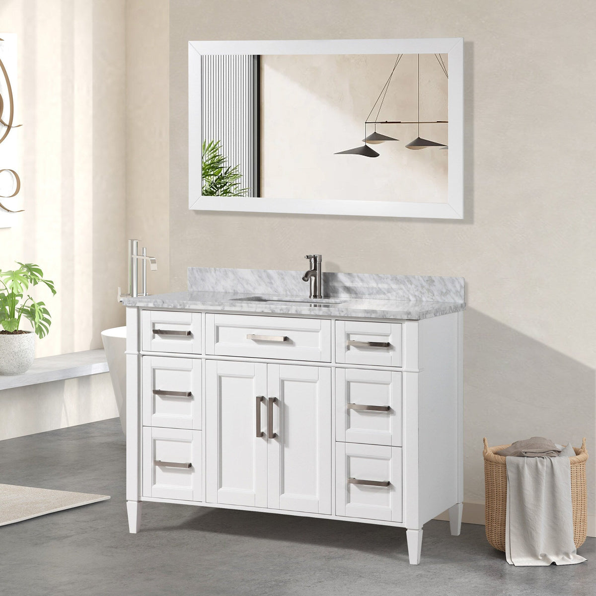 Vanity Art Savona 48 in. W x 22 in. D x 36 in. H White Bathroom Vanity with Single Basin, White/Grey Marble Top and Mirror