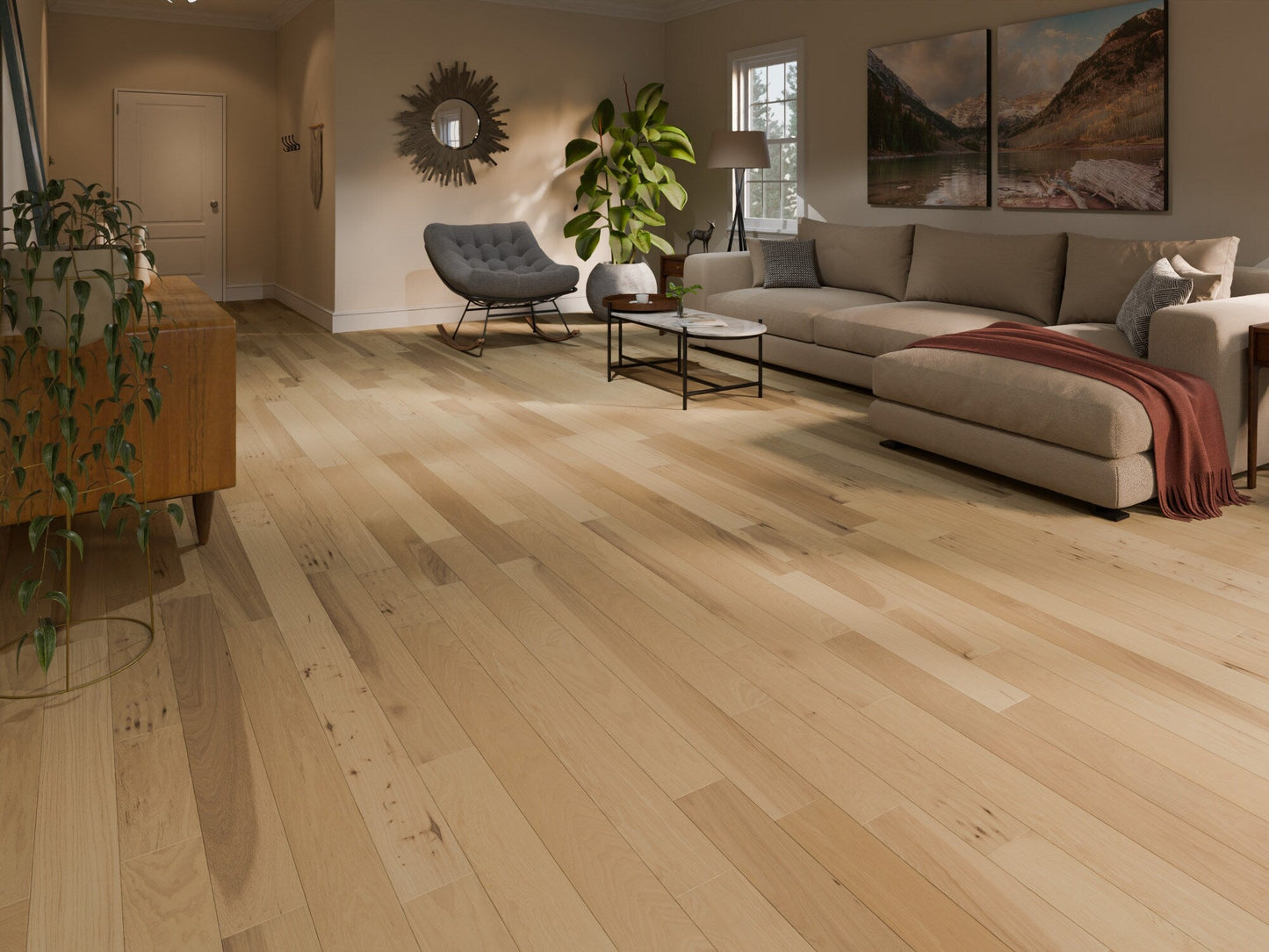 Shaw Hickory Feather hardwood flooring — installed room view