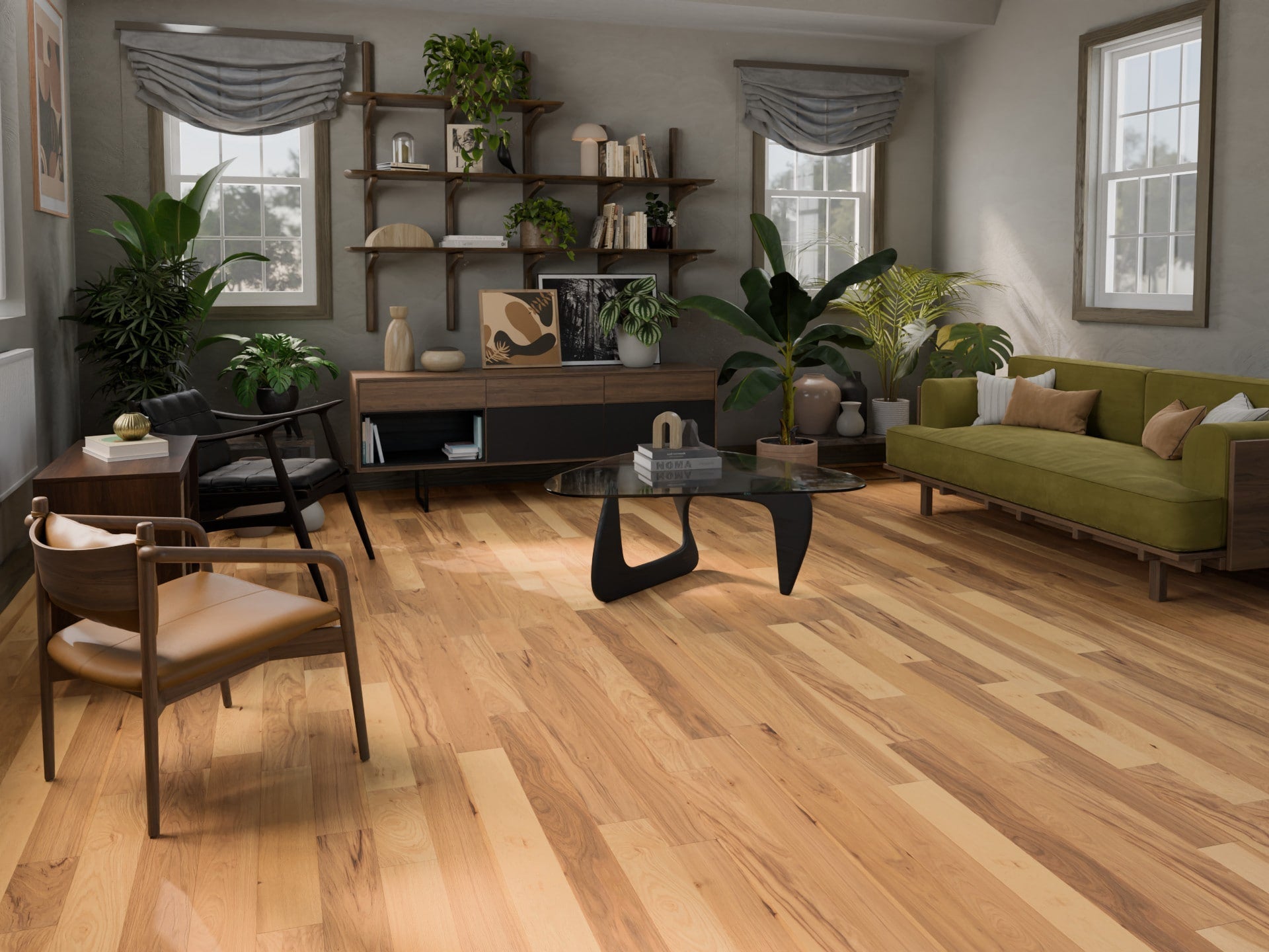 Shaw Hickory Wheat hardwood flooring — installed room view