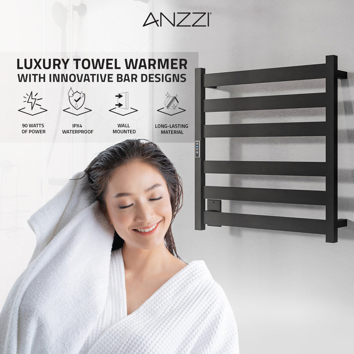ANZZI Note 6-Bar Matte Black Plug-In Wall Mounted Towel Warmer, 23.675 in W x 4.125 in D x 25.2 in H