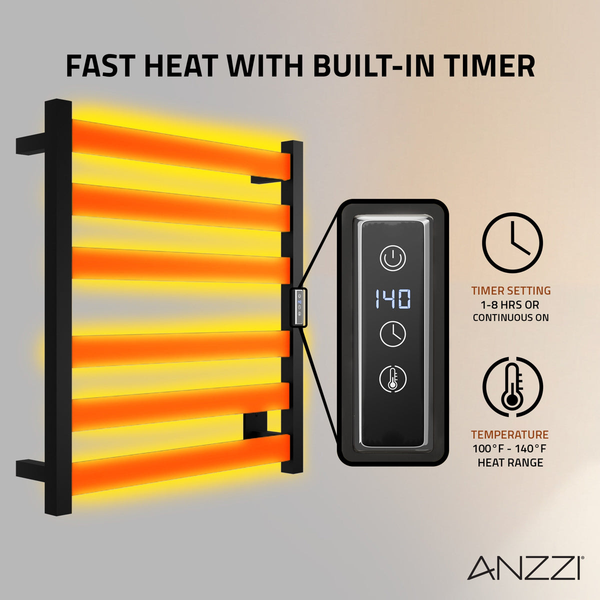 ANZZI Note 6-Bar Matte Black Plug-In Wall Mounted Towel Warmer, 23.675 in W x 4.125 in D x 25.2 in H