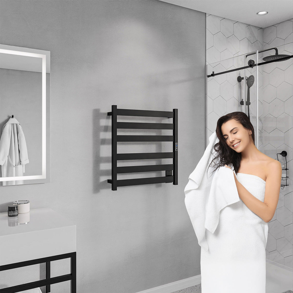 ANZZI Note 6-Bar Matte Black Plug-In Wall Mounted Towel Warmer, 23.675 in W x 4.125 in D x 25.2 in H