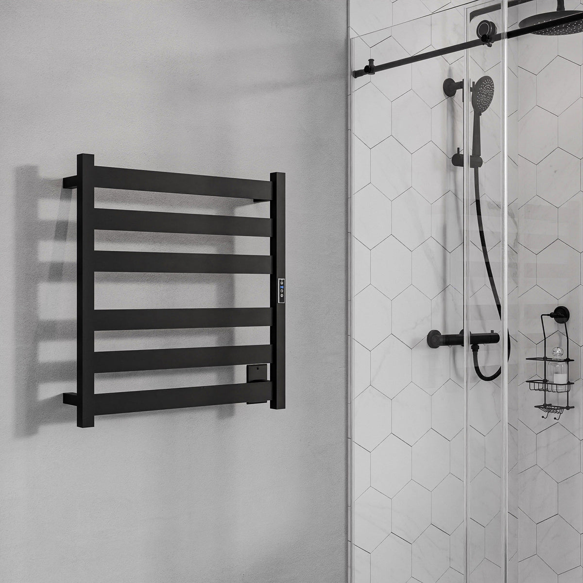 ANZZI Note 6-Bar Matte Black Plug-In Wall Mounted Towel Warmer, 23.675 in W x 4.125 in D x 25.2 in H