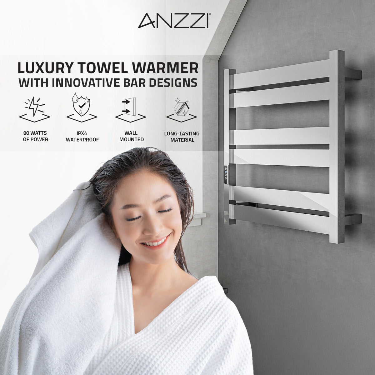 ANZZI Polished Chrome Plug-In Wall Mount Towel Warmer, 4.13 in W x 20.47 in L x 20.87 in H