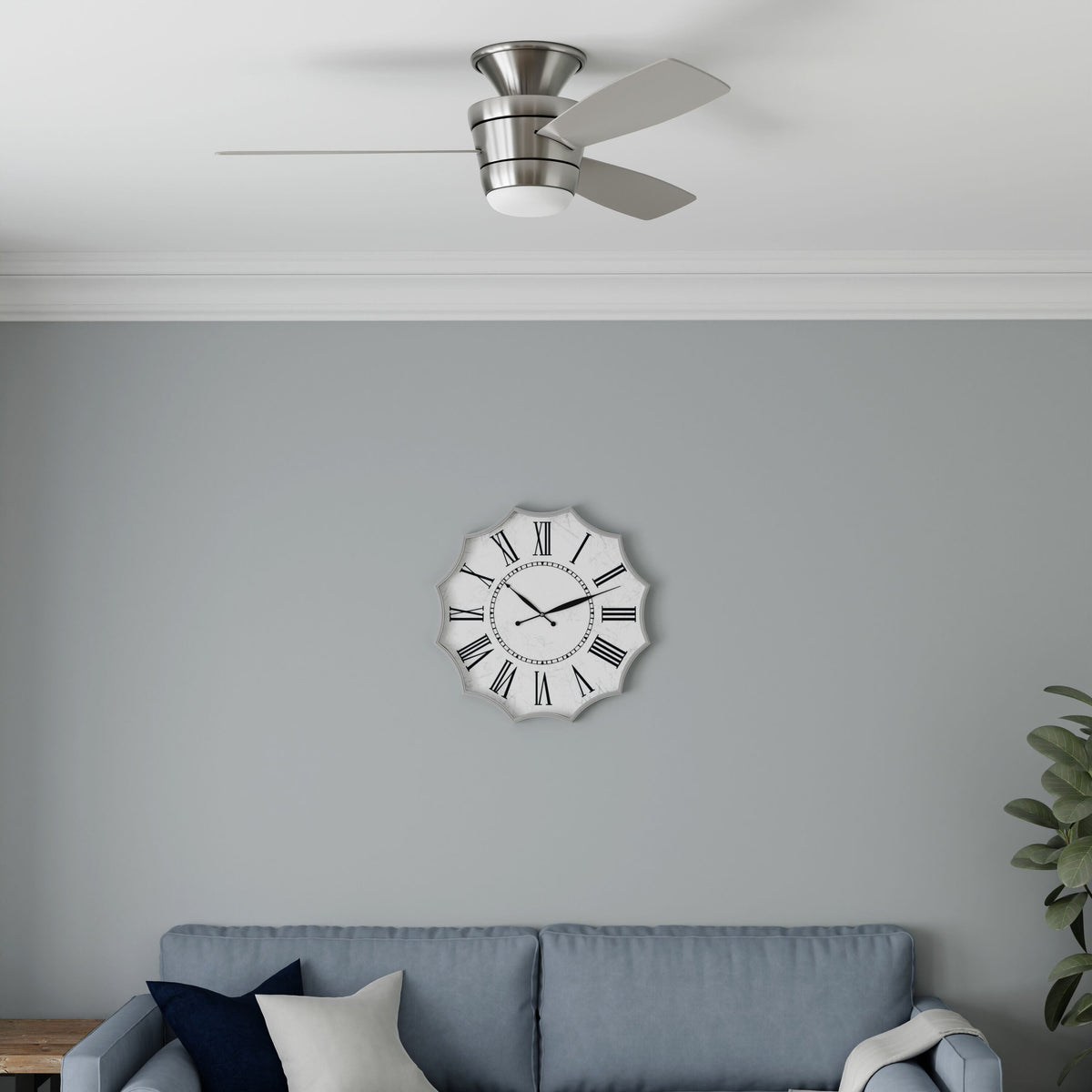 Harbor Breeze Mazon 44-in Brushed Nickel Indoor Flush Mount Ceiling Fan with Remote and Integrated LED Light (3-Blade)