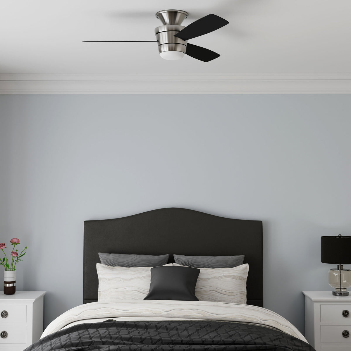 Harbor Breeze Mazon 44-in Brushed Nickel Indoor Flush Mount Ceiling Fan with Light Kit and Remote (3-Blade)