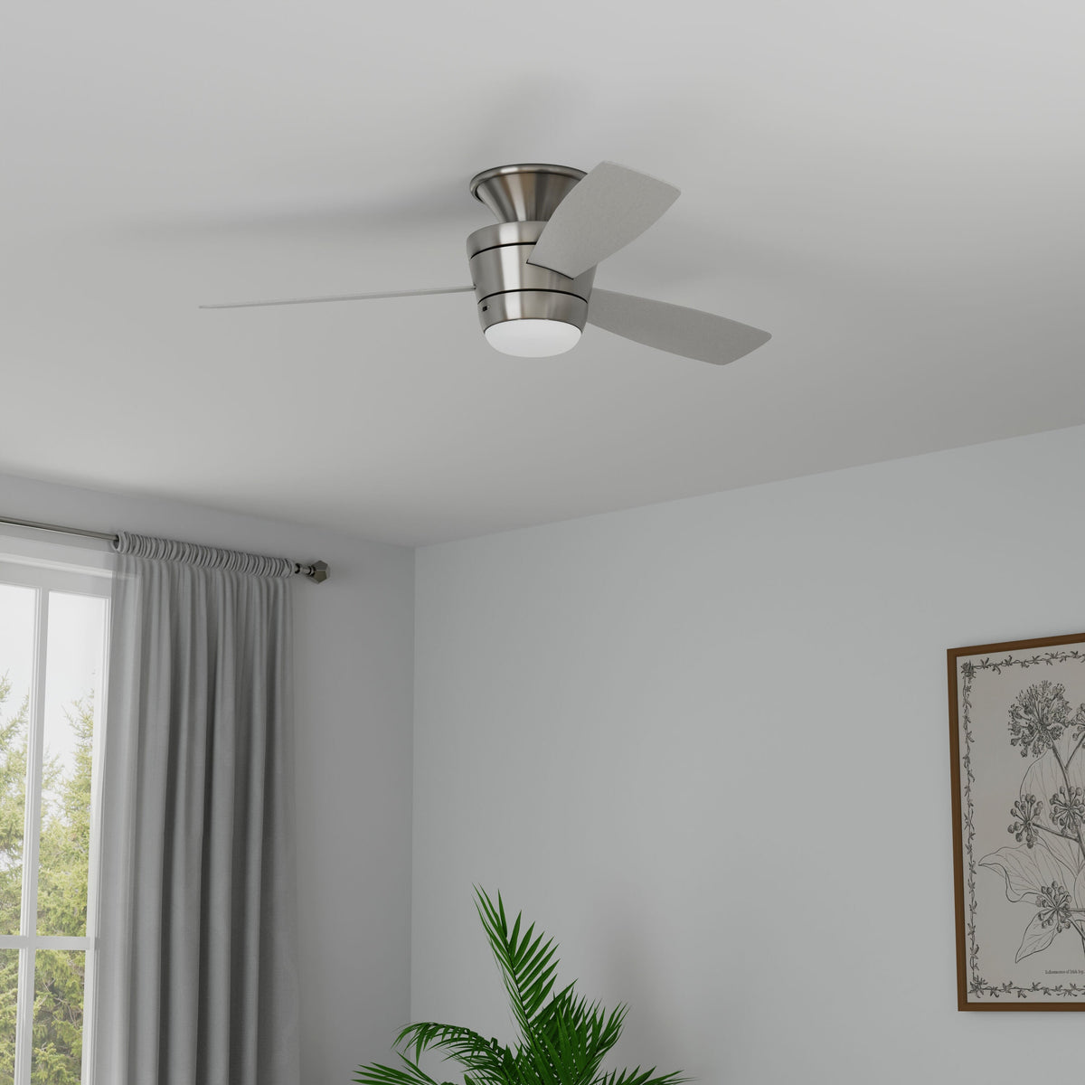 Harbor Breeze Mazon 44-in Brushed Nickel Indoor Flush Mount Ceiling Fan with Remote and Integrated LED Light (3-Blade)