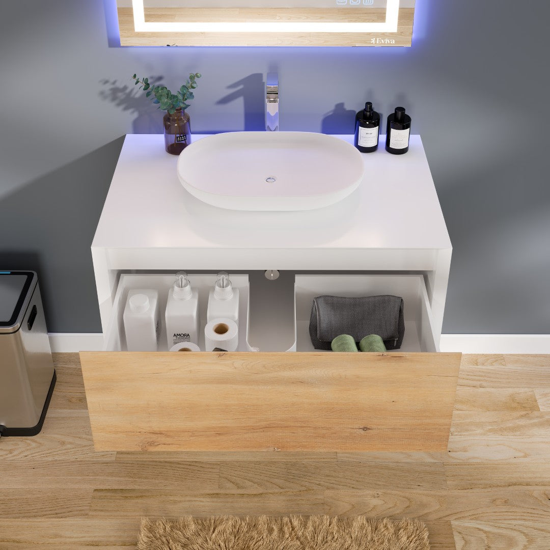 Eviva Santa Monica 36 in. W x 22 in. D x 16 in. H Wall-Mount Single Bathroom Vanity in White Oak/White with White Vessel Sink