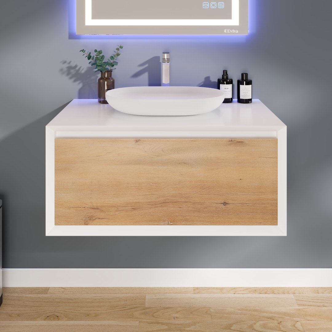 Eviva Santa Monica 36 in. W x 22 in. D x 16 in. H Wall-Mount Single Bathroom Vanity in White Oak/White with White Vessel Sink