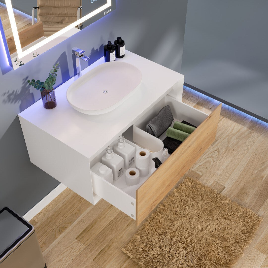 Eviva Santa Monica 36 in. W x 22 in. D x 16 in. H Wall-Mount Single Bathroom Vanity in White Oak/White with White Vessel Sink