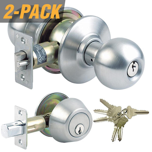 Stainless Steel Grade-3 Entry Door Knob Combo Lock Set with Deadbolt and 12 SC1 Keys Total, (2-Pack, Keyed Alike) - Super Arbor